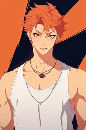 masterpiece,best quality,highly detailed character,1boy,solo,male focus,satsuki_itou,red hair,orange eyes,underarm t-shirt,necklace,ripped black jeans,looking at viewer,arms,cute,shota,aesthetic