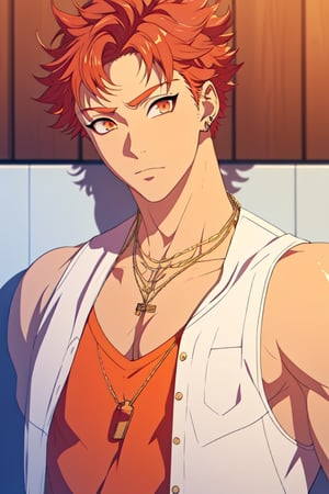 masterpiece,best quality,highly detailed character,1boy,solo,male focus,satsuki_itou,red hair,orange eyes,underarm t-shirt,necklace,looking at viewer,arms,cute,shota,aesthetic