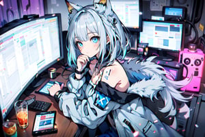 girl,catgirl playing pc, silver hair, blue clothes, blue eyes, blue hair accent, short-hair, bare_shoulder, jacket with furry interior
, patch, cute ribon side of hair, seated on a chair, room, keyboard, drawing tablet, desk,pensative, facing_away,  shad with patern, basic_background, tiny_female, 1girl, solo_female, hands on the desk, purple backgroundn