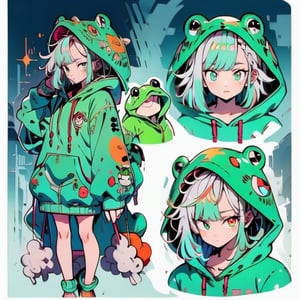 anime, male, dude, sole_male, frog hoodie, emerald_eyes, green jaket, frogs, colorfull, white hair with green streaks, orange highlights, CharacterSheet,multiple views, full body, upper body, back , reference sheet:1,