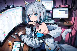 girl,catgirl playing pc, silver hair, blue clothes, blue eyes, blue hair accent, short-hair, bare_shoulder, jacket with furry interior
, patch, cute ribon side of hair, seated on a chair, room, keyboard, drawing tablet, desk,pensative, facing_away,  shad with patern, basic_background, tiny_female, 1girl, solo_female, hands on the desk, purple background