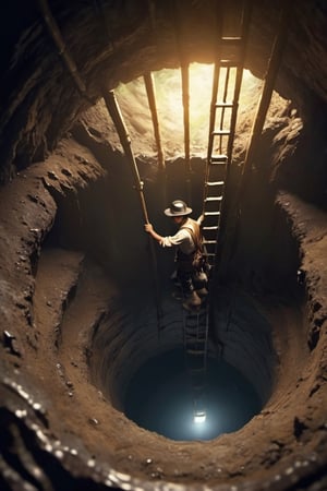 asian man inside a dark deep large pit hole on the ground, ladder, exploring, underground, steampunk, filipino, philippines, treasure hunter, indiana jones, realistic, HD, detailed, top view