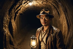 asian man inside a dark tunnel, exploring, underground, cave, steampunk, filipino, philippines, treasure hunter, indiana jones