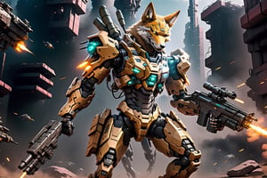 Futuristic battle cyborg male wild Coyote,
cyberpunk style military suit,
high-tech military design,
,mecha, A scene where you are shooting a gun at countless enemies