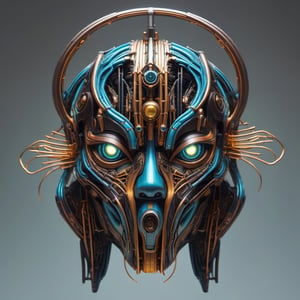 symmetrical cyberpunk Egyptian mask ((vm1)) ,digital wires and tubes, front facing simple background (even studio lighting) no shadows