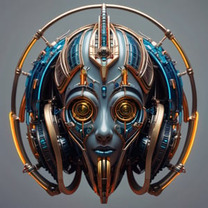 symmetrical cyberpunk Egyptian mask ((vm1)) ,digital wires and tubes, front facing simple background (even studio lighting) no shadows