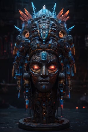 Cinematic masterpiece hyperdetailed ,realistic ,ancient goddess full body,((cyberpunk Aztec mask vm1 ,glowing digital wires and tubes,glowing gems, glowing eyes, detailed cybernetic brain)), 8k, volumetric lighting ,magic glow