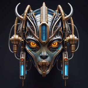 symmetrical cyberpunk Egyptian mask ((vm1)) ,digital wires and tubes, front facing simple background (even studio lighting) no shadows