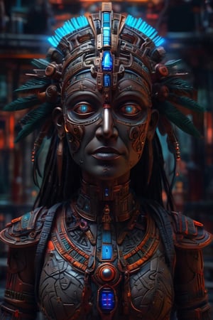 Cinematic masterpiece hyperdetailed ,realistic ,ancient goddess full body,((cyberpunk Aztec mask vm1 ,glowing digital wires and tubes,glowing gems, glowing eyes, detailed cybernetic brain)), 8k, volumetric lighting ,magic glow