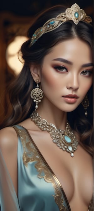 feminine, ultra classy outfit, lots of ornate jewelery, beautiful woman, perfect model oriental face, sexy long wavy hair, looking at camera intently, ultra crisp, ultra sharp, realistic, 8k