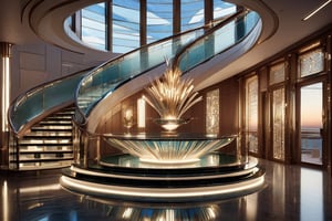 Titanics grand first class staircase in modern contemporary, glass, metals, simple shapes, expert outside lighting through stained glass, ultra detail, ultra crisp
,futuristic