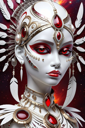 female, pearl white gold and chrome tribal patterns, layered detail, ornate red glass detail, metal feathers, cosmic space background,, ,Masterpiece
