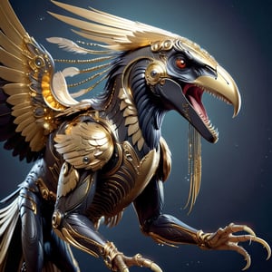 create a mystical Tyrannosaurus rex raven hybrid creature with long flowing feather tentacles and head covered in feathers, gold art deco armor, gorgeous wings, fantasy magical image,futuristic