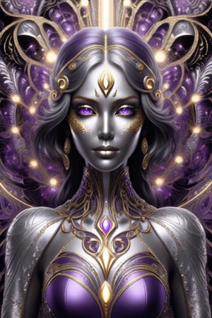 beautiful female body, silver, purple, black, LED lights, fractal symmetrical design  silky fabric pattern background with gold art deco patterns, face_focus
,glitter