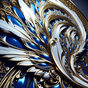 metal feathers and wings, fractal design, intricate, detailed, ultra layered details, beautiful, diamond lights, organic, white, gold, deep shiny metal blue, flowing, futuristic