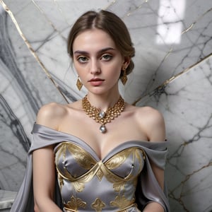 perfect feminine, wearing silky fabric, glistening diamond jewelery, ornate patterns, gold metal accents, perfect soft sensual lighting, grey marble background, ultra crisp, ultra sharp, realistic, 8k,Extremely Realistic