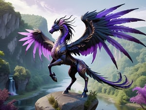 eastern dragon horse creature, long flowing feathered horse main and tail, standing regal on top of a rock overlooking a lush fantasy valley below with a river, large spread eastern dragon wings, raven black body, luminous purple feathers,futuristic