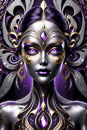 beautiful female body, silver, purple, black, LED lights, fractal symmetrical design  silky fabric pattern background with gold art deco patterns, face_focus
,glitter