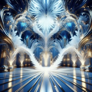 inside of a huge mansion made from lighted feathers, fractal design, intricate, detailed, ultra layered details, beautiful, diamond lights, organic, white, gold, deep shiny metal blue, flowing,futuristic, metal adorning,glossy,glowing color inside,ray tracing