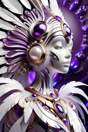 female, pearl white gold and chrome tribal patterns, layered detail, ornate purple glass detail, metal feathers, cosmic space background,, ,Masterpiece,futuristic, metal adorning,glossy,glowing color inside,ray tracing