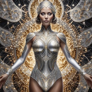 beautiful female figure completely covered in silver glitter and LED lights in a fractal symmetrical design over the figures body, a silky fabric pattern background with gold art deco patterns
