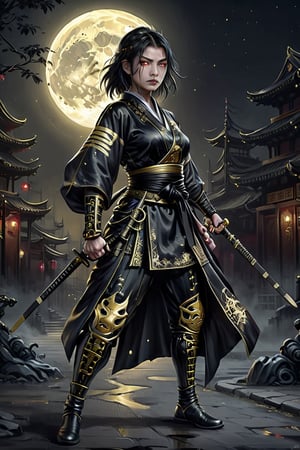 samurai midevil female in satin black with gold markings, oriental, oriental, in combat in the dark scary moonlight city street,LinkGirl