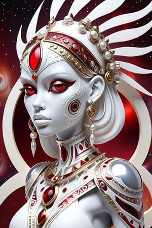 female, pearl white gold and chrome tribal patterns, layered detail, ornate red glass detail, cosmic space background,, ,Masterpiece
