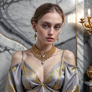 perfect feminine, wearing silky fabric, glistening diamond jewelery, ornate patterns, gold metal accents, perfect soft sensual lighting, grey marble background, ultra crisp, ultra sharp, realistic, 8k,Extremely Realistic