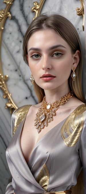 perfect feminine, wearing silky fabric, glistening diamond jewelery, ornate patterns, gold metal accents, perfect soft sensual lighting, grey marble background, ultra crisp, ultra sharp, realistic, 8k,Extremely Realistic