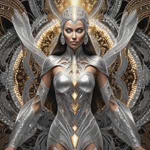 beautiful female figure whos body is completely covered in silver glitter and LED lights in a fractal symmetrical design over the figures body, a silky fabric pattern background with gold art deco patterns
