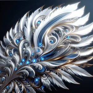 metal feathers, fractal design, intricate, detailed, ultra layered details, beautiful, diamond lights, organic, white, gold, deep shiny metal blue, flowing,futuristic, metal adorning,glossy,glowing color inside,ray tracing