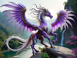 eagle eastern dragon horse creature, long flowing feathered horse main and tail, long feathered tentacles, standing regal on top of a rock overlooking a lush oriental fantasy valley below with a river, large spread eastern dragon wings, white body, luminous purple feathers,futuristic