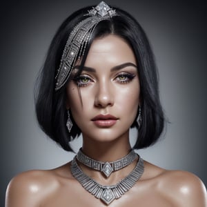 female made from the most beautiful women in the world,  grey eyes,  sexy raven black hair,  skin covered in glitter and diamonds, diamond hair piece, super detail,  super realistic,  4k,  expert lighting,  glamour shot,  perfect symetry,  art deco jewelery, make-up
