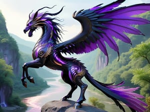 eastern dragon horse creature, long flowing feathered horse main and tail, standing regal on top of a rock overlooking a lush fantasy valley below with a river, large spread eastern dragon wings, raven black body, luminous purple feathers,futuristic