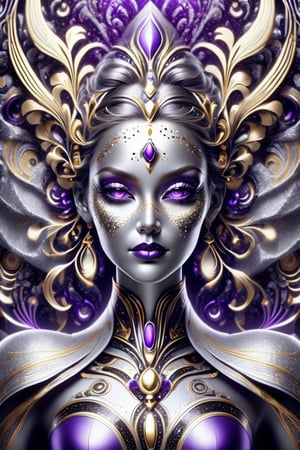 beautiful female body, silver, purple, black, LED lights, fractal symmetrical design  silky fabric pattern background with gold art deco patterns, face_focus
,glitter