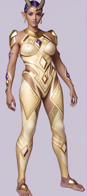 human female, ornate and tribal diamond tatoos, organic, futuristic, organic horns in a patterned all over body, light to dark gold and purple gradient background

