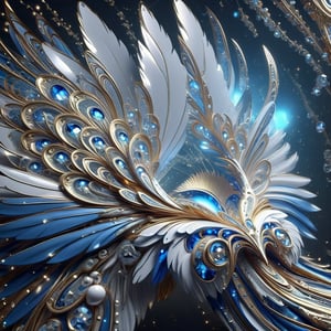 metal feathers and wings, fractal design, intricate, detailed, ultra layered details, beautiful, diamond lights, organic, white, gold, deep shiny metal blue, flowing,futuristic, metal adorning,glossy,glowing color inside,ray tracing