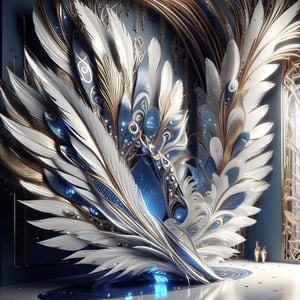 architectural foyer, metal feathers, fractal design, intricate, detailed, ultra layered details, beautiful, diamond lights, organic, white, gold, deep shiny metal blue, flowing,futuristic, metal adorning,glossy,glowing color inside,ray tracing