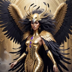 create a mystical lioness raven hybrid creature with long flowing feather tentacles and head covered in feathers, gold art deco armor, gorgeous wings, fantasy magical image