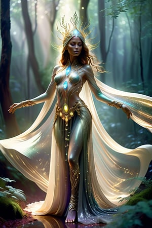 human female, from glitter and gemstones, different colored metals, waring an organic flowing outfit, ornate, eminating glowing lgiht, flowing sheer light cloth, futuristic lush forest, fog, god rays