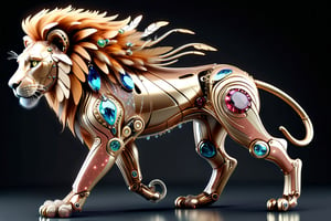 human female lioness creature made from glitter and gemstones, different colored metals, mechanical, organic, futuristic, feathered, full_body