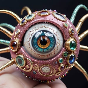 human eyeball creature made from glitter and gemstones, different colored metals, mechanical, organic, eye_focus