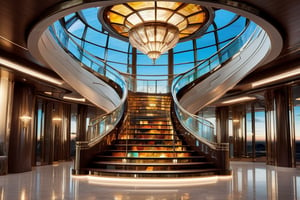 Titanics grand first class staircase in modern contemporary, glass, metals, simple shapes, expert outside lighting through stained glass, ultra detail, ultra crisp
,futuristic