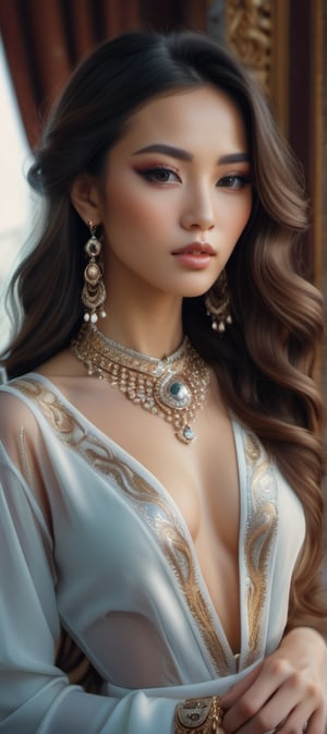 feminine, ultra classy outfit, lots of ornate jewelery, beautiful woman, perfect model oriental face, sexy long wavy hair, looking at camera intently, ultra crisp, ultra sharp, realistic, 8k