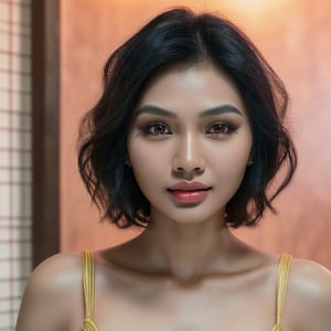 female made from the most beautiful Vietnamese indian women in the world, short wavy hair, modelshoot style, super realistic, 4k, expert lighting, perfect symmetry, Realism, Makeup, Face makeup, full_bodyperfect face,ENHANCE