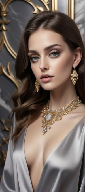 perfect feminine, wearing silky fabric, glistening diamond jewelery, ornate patterns, gold metal accents, perfect soft sensual lighting, grey marble background, ultra crisp, ultra sharp, realistic, 8k