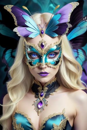 female made from the most beautiful women in the world, cyan crystal eyes, sexy long light blonde and metallic blue hair, butterfly raven masquerade mask, sexy full body outfit, diamonds, gemstones, feathers, silk, black, gold, purple, super detail, super realistic, 4k, expert lighting, glamour shot, perfect symmetry, jewelery, make-up, metallic blue and gold marble fractal background

