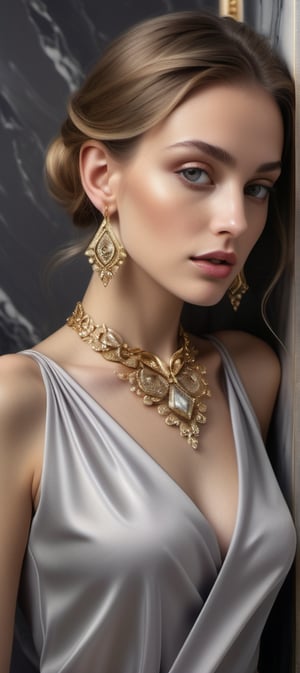 perfect feminine, wearing silky fabric, glistening diamond jewelery, ornate patterns, gold metal accents, perfect soft sensual lighting, grey marble background, ultra crisp, ultra sharp, realistic, 8k