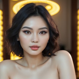female made from the most beautiful Vietnamese women in the world, short wavy hair, modelshoot style, super realistic, 4k, expert lighting, perfect symmetry, Realism, Makeup, Face makeup, full_bodyperfect face,ENHANCE, 
