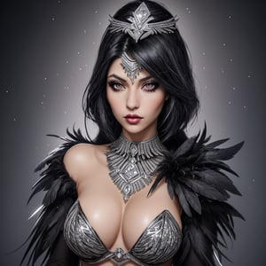 female made from the most beautiful women in the world,  grey eyes,  sexy raven black hair,  sexy feathers, sexy glitter and diamonds, super detail,  super realistic,  4k,  expert lighting,  glamour upper torso shot,  perfect symetry,  jewelery, make-up
